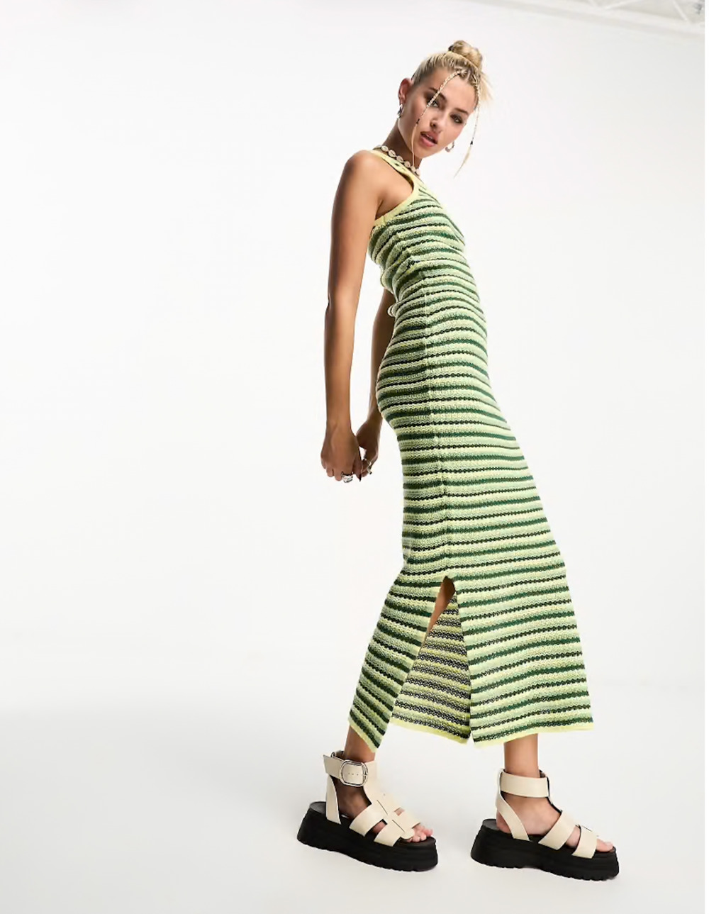 Noisy May Dee One Shoulder Knit Green Yellow Beachy Summer Maxi Dress Sz XS